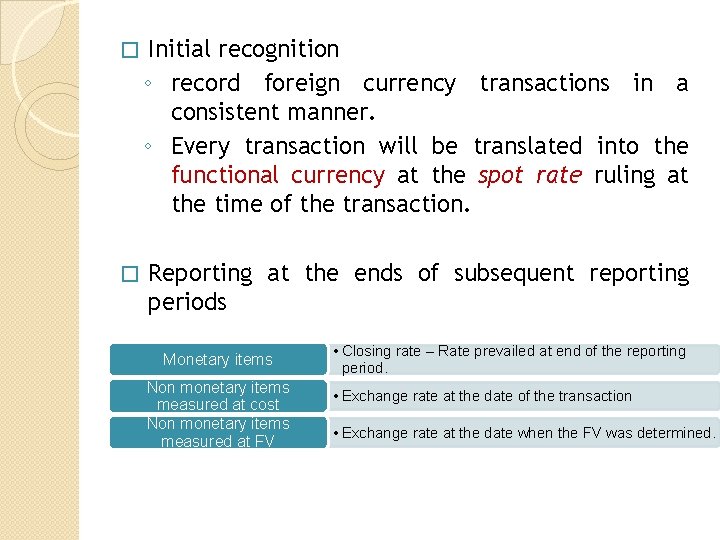 � Initial recognition ◦ record foreign currency transactions in a consistent manner. ◦ Every