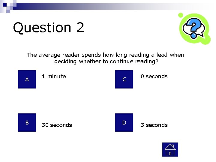 Question 2 The average reader spends how long reading a lead when deciding whether