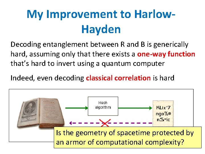 My Improvement to Harlow. Hayden Decoding entanglement between R and B is generically hard,