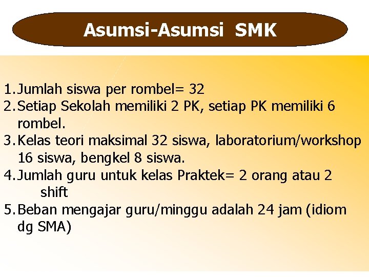 Asumsi-Asumsi SMK 1. Jumlah siswa per rombel= 32 2. Setiap Sekolah memiliki 2 PK,