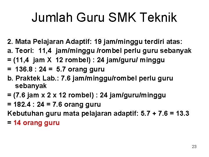 Jumlah Guru SMK Teknik 2. Mata Pelajaran Adaptif: 19 jam/minggu terdiri atas: a. Teori: