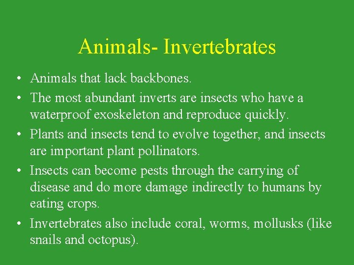 Animals- Invertebrates • Animals that lack backbones. • The most abundant inverts are insects Animals- Invertebrates • Animals that lack backbones. • The most abundant inverts are insects