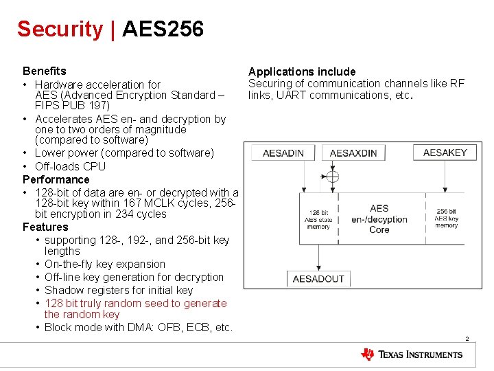 Security | AES 256 Benefits Applications include Securing of communication channels like RF •
