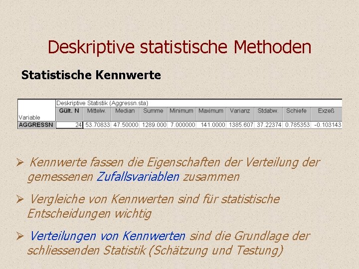 Deskriptive statistische Methoden Statistische Kennwerte Ø Kennwerte fassen die Eigenschaften der Verteilung der gemessenen Deskriptive statistische Methoden Statistische Kennwerte Ø Kennwerte fassen die Eigenschaften der Verteilung der gemessenen