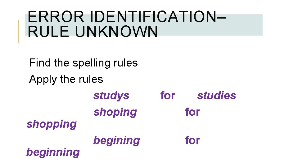 ERROR IDENTIFICATION– RULE UNKNOWN Find the spelling rules Apply the rules studys shoping shopping