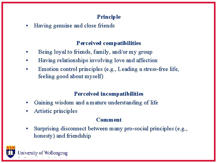 Principle • Having genuine and close friends • • • Perceived compatibilities Being loyal