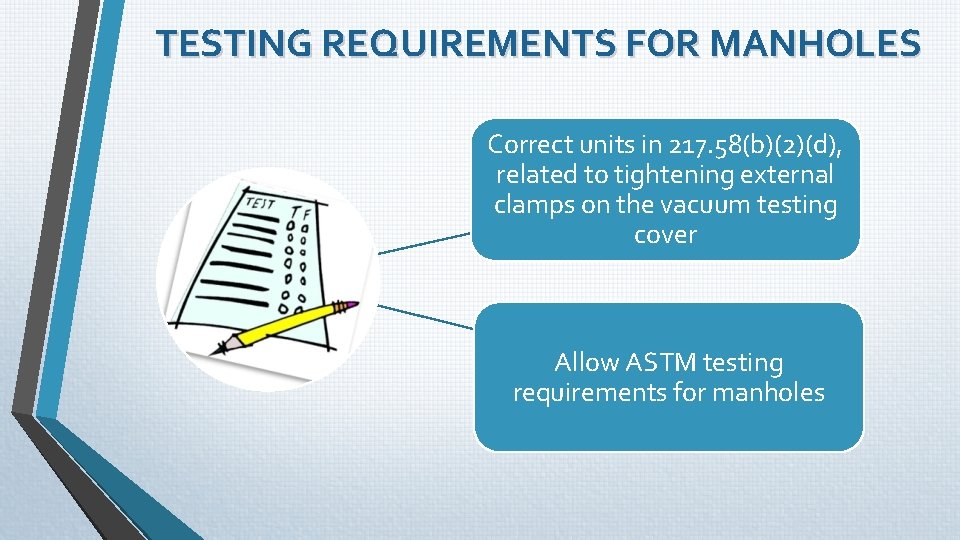 TESTING REQUIREMENTS FOR MANHOLES Correct units in 217. 58(b)(2)(d), related to tightening external clamps TESTING REQUIREMENTS FOR MANHOLES Correct units in 217. 58(b)(2)(d), related to tightening external clamps