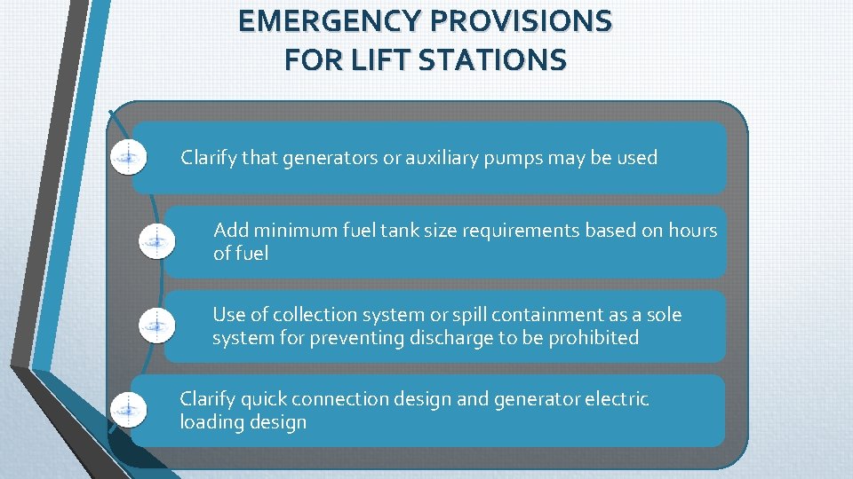 EMERGENCY PROVISIONS FOR LIFT STATIONS Clarify that generators or auxiliary pumps may be used EMERGENCY PROVISIONS FOR LIFT STATIONS Clarify that generators or auxiliary pumps may be used