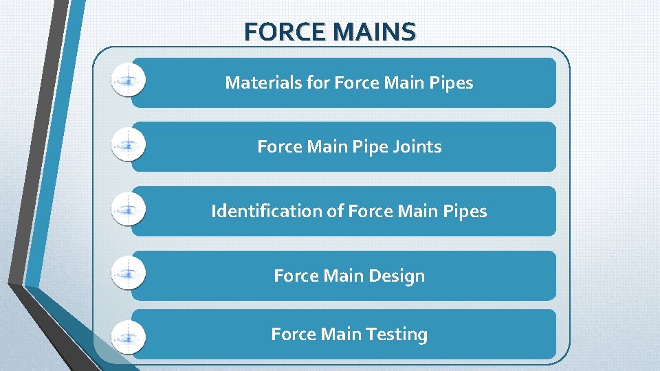 FORCE MAINS Materials for Force Main Pipes Force Main Pipe Joints Identification of Force FORCE MAINS Materials for Force Main Pipes Force Main Pipe Joints Identification of Force
