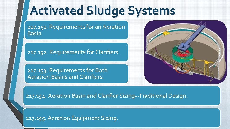 Activated Sludge Systems 217. 151. Requirements for an Aeration Basin 217. 152. Requirements for Activated Sludge Systems 217. 151. Requirements for an Aeration Basin 217. 152. Requirements for