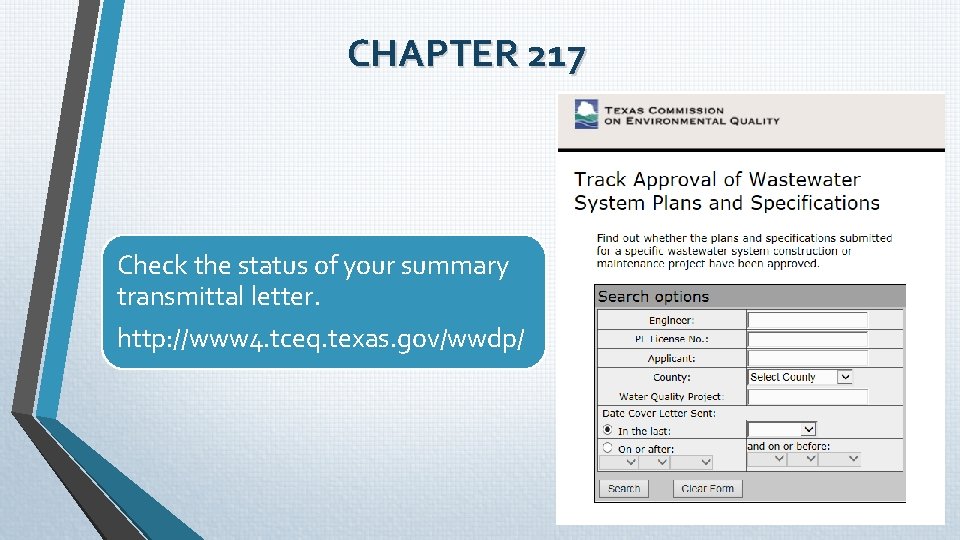 CHAPTER 217 Check the status of your summary transmittal letter. http: //www 4. tceq. CHAPTER 217 Check the status of your summary transmittal letter. http: //www 4. tceq.
