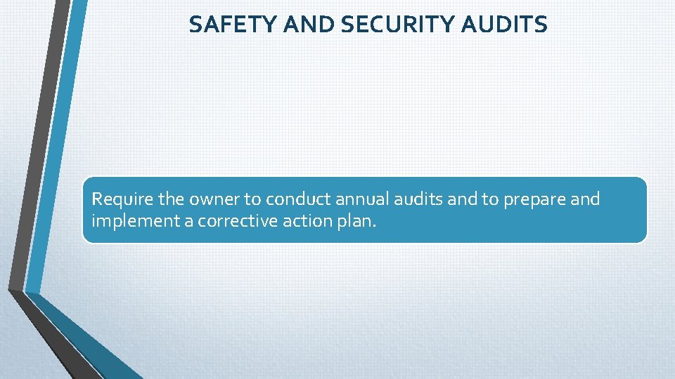 SAFETY AND SECURITY AUDITS Require the owner to conduct annual audits and to prepare SAFETY AND SECURITY AUDITS Require the owner to conduct annual audits and to prepare