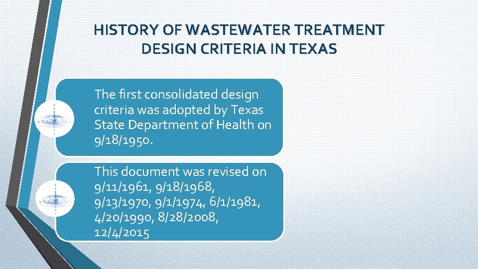 HISTORY OF WASTEWATER TREATMENT DESIGN CRITERIA IN TEXAS The first consolidated design criteria was HISTORY OF WASTEWATER TREATMENT DESIGN CRITERIA IN TEXAS The first consolidated design criteria was