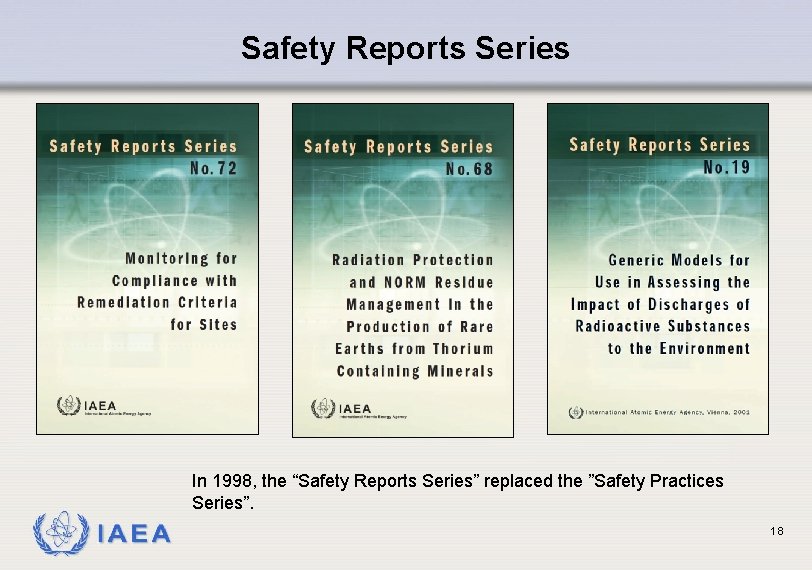 Safety Reports Series In 1998, the “Safety Reports Series” replaced the ”Safety Practices Series”.