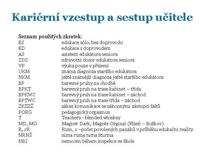 Kariérní vzestup a sestup učitele Seznam použitých zkratek: ES ED AS ZDS VP UKM