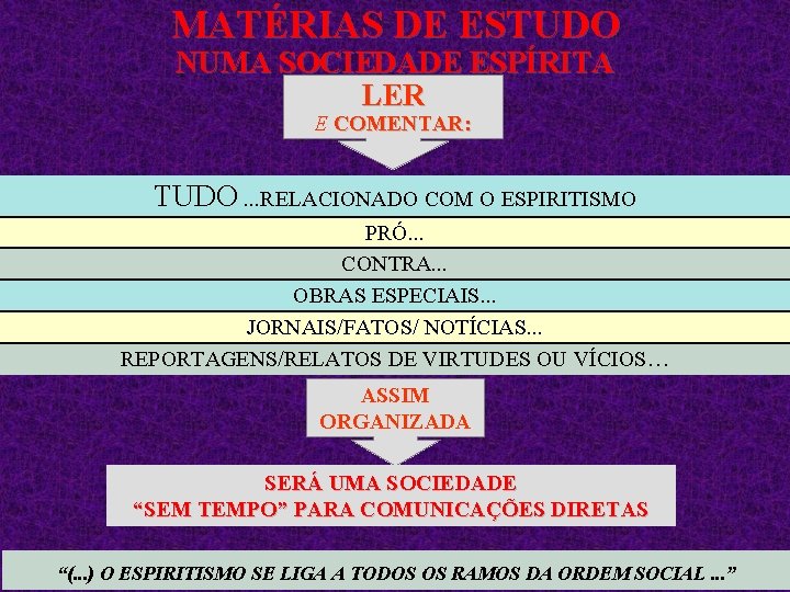 MATÉRIAS DE ESTUDO NUMA SOCIEDADE ESPÍRITA LER E COMENTAR: TUDO. . . RELACIONADO COM