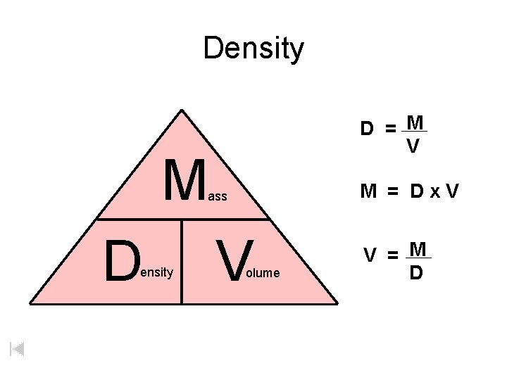 Density D = M V M M = Dx. V ass D ensity V