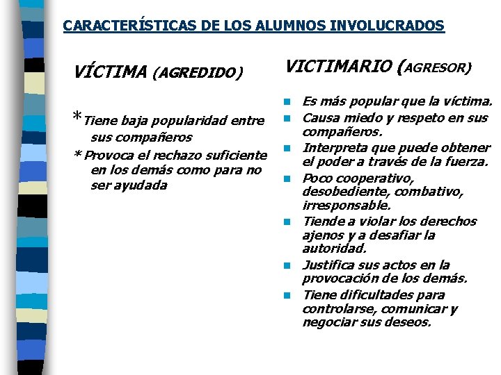 CARACTERÍSTICAS DE LOS ALUMNOS INVOLUCRADOS VÍCTIMA (AGREDIDO) *Tiene baja popularidad entre sus compañeros *