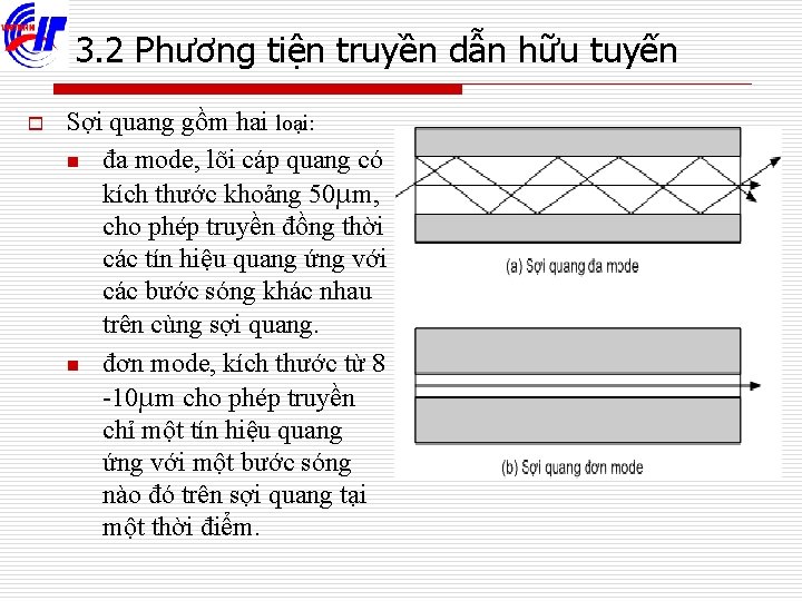 3. 2 Phương tiện truyền dẫn hữu tuyến o Sợi quang gồm hai loại: