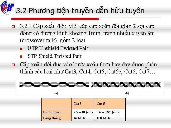 3. 2 Phương tiện truyền dẫn hữu tuyến o 3. 2. 1 Cáp xoắn