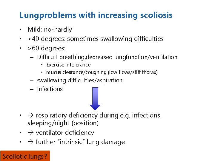 Lungproblems with increasing scoliosis • Mild: no-hardly • <40 degrees: sometimes swallowing difficulties •