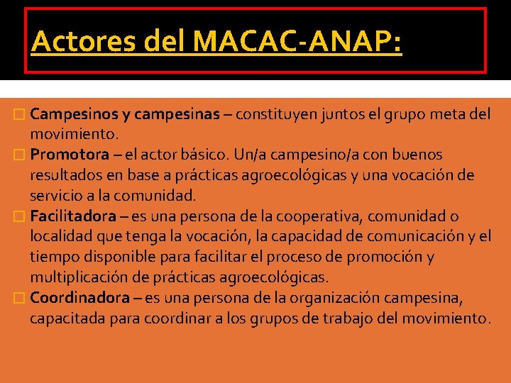 Actores del MACAC-ANAP: � Campesinos y campesinas – constituyen juntos el grupo meta del