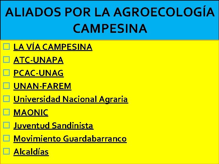 ALIADOS POR LA AGROECOLOGÍA CAMPESINA o o o o o LA VÍA CAMPESINA ATC-UNAPA