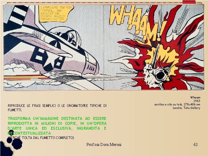 RIPRODUCE LE FRASI SEMPLICI O LE ONOMATOPEE TIPICHE DI FUMETTI. Whaam 1963 acrilico e