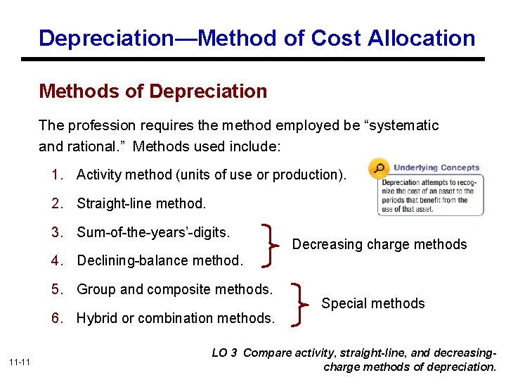 Depreciation—Method of Cost Allocation Methods of Depreciation The profession requires the method employed be