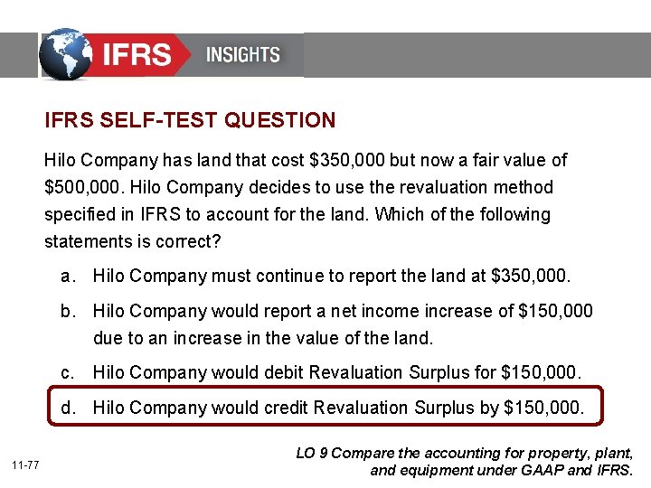 IFRS SELF-TEST QUESTION Hilo Company has land that cost $350, 000 but now a