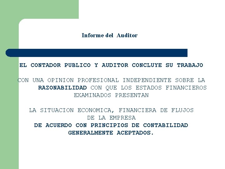 Informe del Auditor EL CONTADOR PUBLICO Y AUDITOR CONCLUYE SU TRABAJO CON UNA OPINION