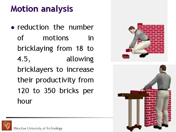 Motion analysis l reduction the number of motions in bricklaying from 18 to 4.