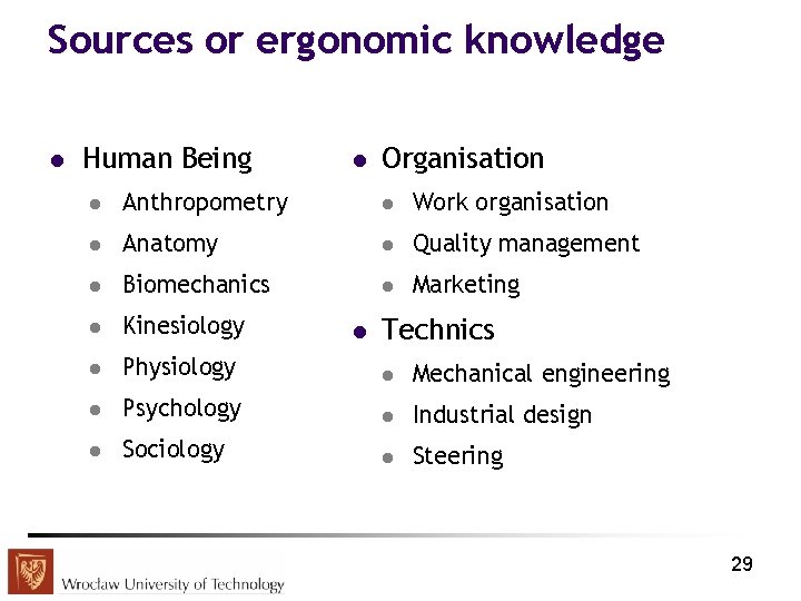 Sources or ergonomic knowledge l Human Being l Organisation l Anthropometry l Work organisation