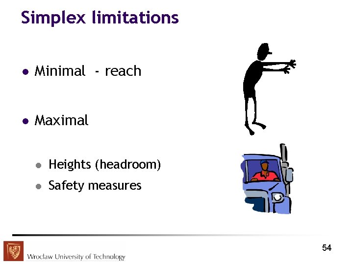 Simplex limitations l Minimal - reach l Maximal l Heights (headroom) l Safety measures