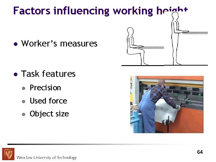 Factors influencing working height l Worker’s measures l Task features l Precision l Used