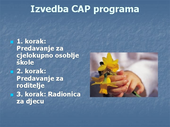 Izvedba CAP programa n n n 1. korak: Predavanje za cjelokupno osoblje škole 2.