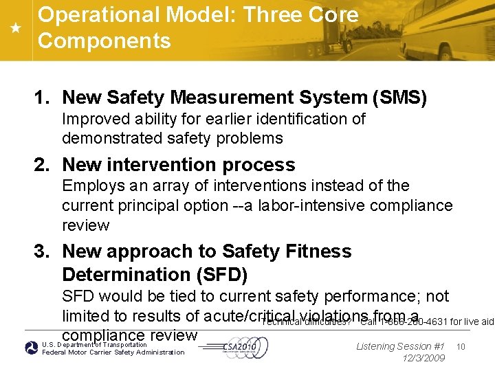 Operational Model: Three Core Components 1. New Safety Measurement System (SMS) Improved ability for