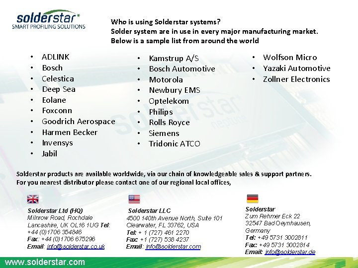 Who is using Solderstar systems? Solder system are in use in every major manufacturing