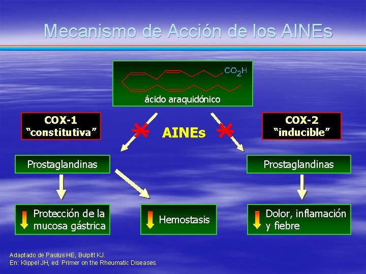 Mecanismo de Acción de los AINEs ácido araquidónico COX-1 “constitutiva” AINEs Prostaglandinas Protección de