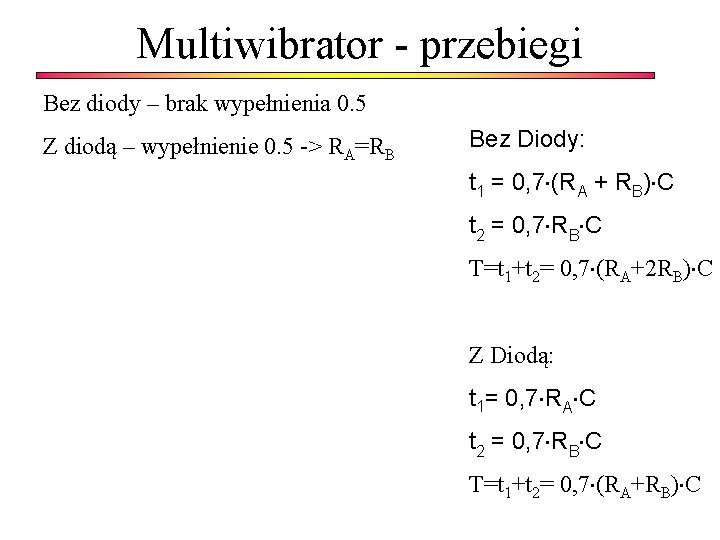 Multiwibrator - przebiegi Bez diody – brak wypełnienia 0. 5 Z diodą – wypełnienie