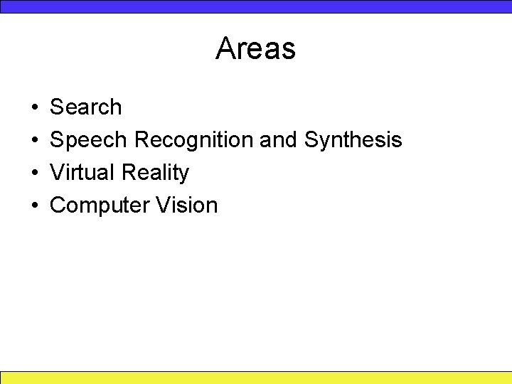 Areas • • Search Speech Recognition and Synthesis Virtual Reality Computer Vision 