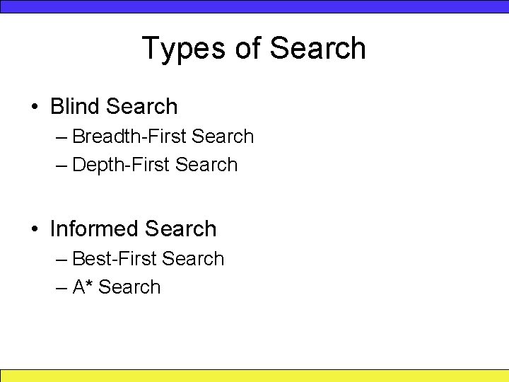 Types of Search • Blind Search – Breadth-First Search – Depth-First Search • Informed