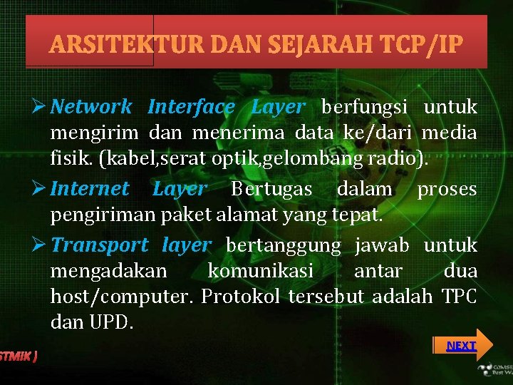 ARSITEKTUR DAN SEJARAH TCP/IP Ø Network Interface Layer berfungsi untuk mengirim dan menerima data