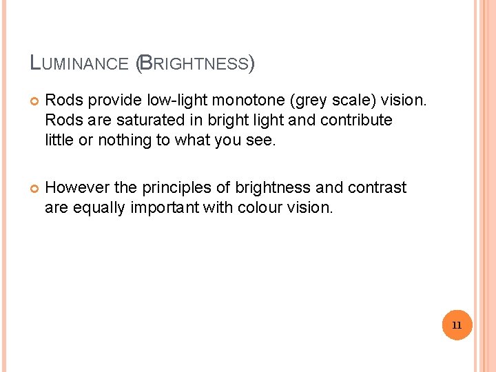 LUMINANCE (BRIGHTNESS) Rods provide low-light monotone (grey scale) vision. Rods are saturated in bright