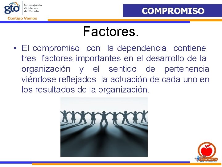 COMPROMISO Factores. • El compromiso con la dependencia contiene tres factores importantes en el COMPROMISO Factores. • El compromiso con la dependencia contiene tres factores importantes en el