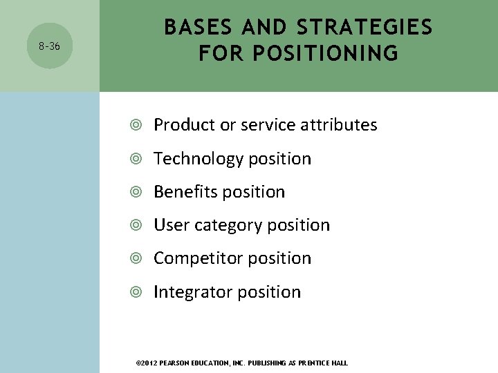 BASES AND STRATEGIES FOR POSITIONING 8 -36 Product or service attributes Technology position Benefits BASES AND STRATEGIES FOR POSITIONING 8 -36 Product or service attributes Technology position Benefits
