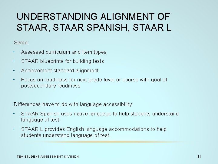 UNDERSTANDING ALIGNMENT OF STAAR, STAAR SPANISH, STAAR L Same: • Assessed curriculum and item