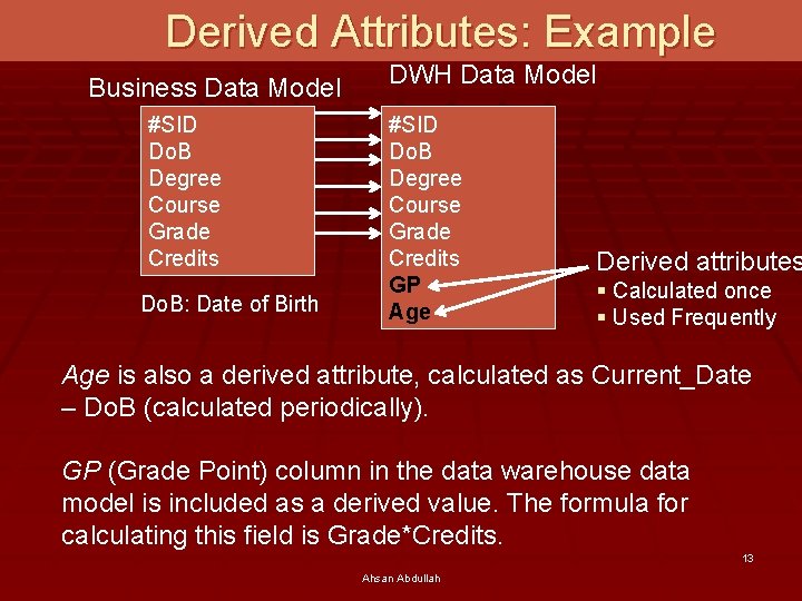Derived Attributes: Example Business Data Model #SID Do. B Degree Course Grade Credits Do.