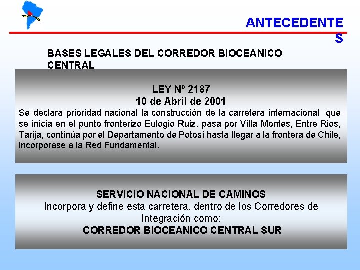 ANTECEDENTE S BASES LEGALES DEL CORREDOR BIOCEANICO CENTRAL LEY Nº 2187 10 de Abril