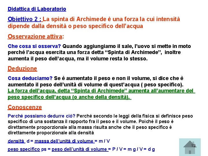 Didattica di Laboratorio Obiettivo 2 : La spinta di Archimede è una forza la